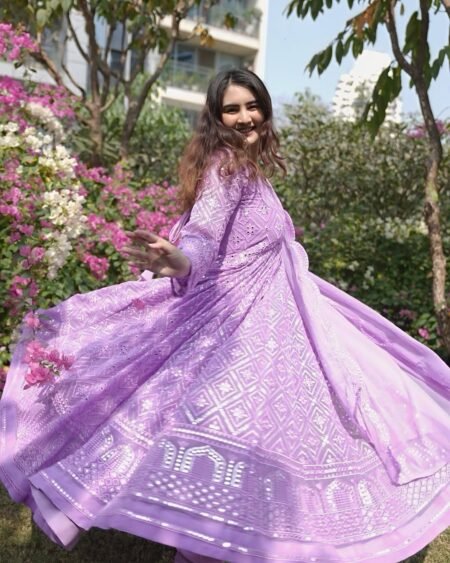 Avantini Women's Mustard Muslin Digital Print Anarkali Gown With Pant