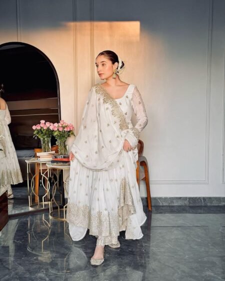 Avantini Women's White Faux Georgette Embroidered Anarkali Kurta Pant With Dupatta