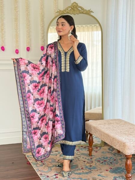Avantini Women's Petrol Viscose Slub Embroidered Straight Kurta Pant With Dupatta