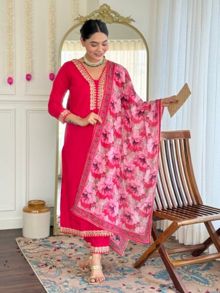 Avantini Women's Rani Viscose Slub Embroidered Straight Kurta Pant With Dupatta