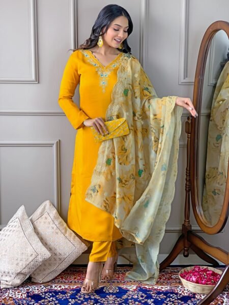 Avantini Women's Blue Viscose Chanderi Embroidered Straight Kurta Pant With Dupatta