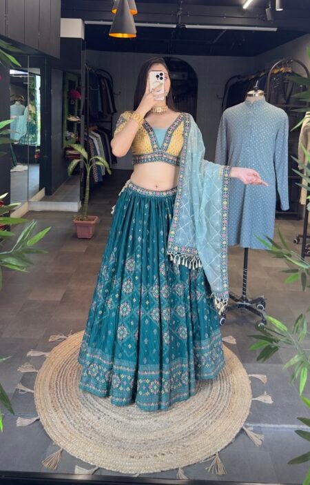 Malishka Export Aqua Green Chinon With Embroidery Lehenga Choli Set