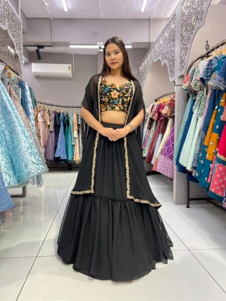 Malishka Export Georgette With Embroidery Black Lehenga Choli Set With Shrug