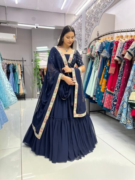 Malishka Export Navy Georgette With Embroidery Lehenga Choli Set