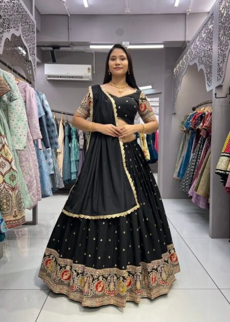 Malishka Export Black Roman Silk With Embroidery Zari Lehenga Choli Set