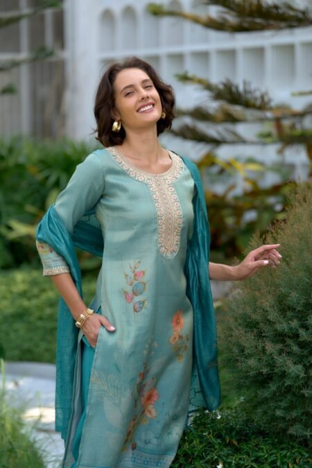 Avantini Women's Sky Blue Tissue with floral printed and Embroidered Straight Kurta Pant With Dupatta
