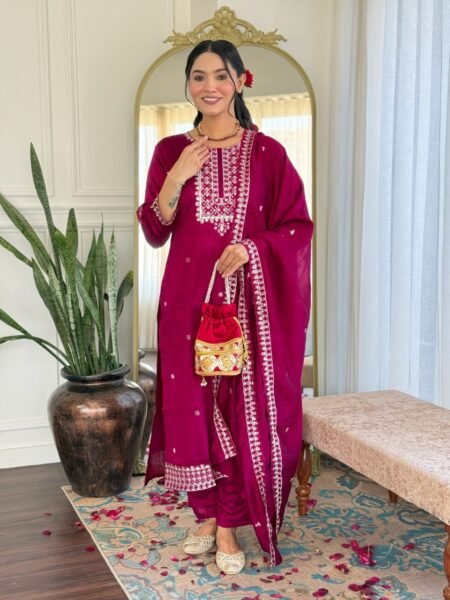 Avantini Women's Mustard Viscose Chanderi Embroidered Straight Kurta Pant With Dupatta