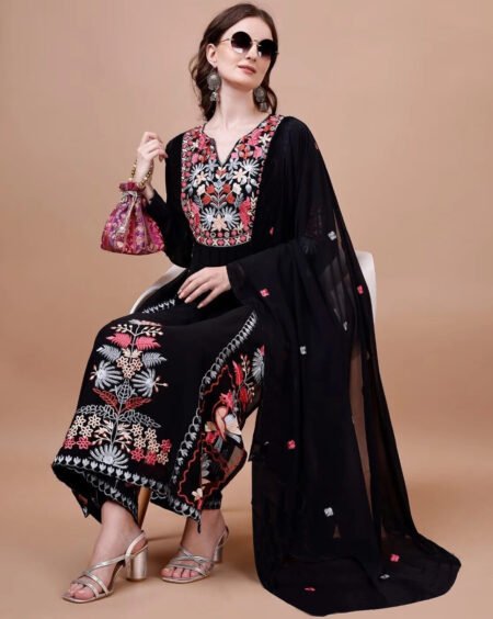 Malishka Export Women's Black Georgette Embroidered Straight Kurta Plazzo With Dupatta