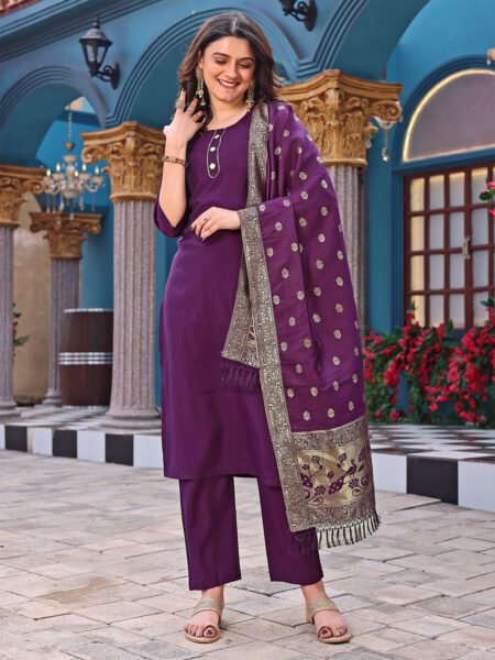 Malishka Export Women's Purple Cotton Silk Solid Straight Kurta Pant With Dupatta