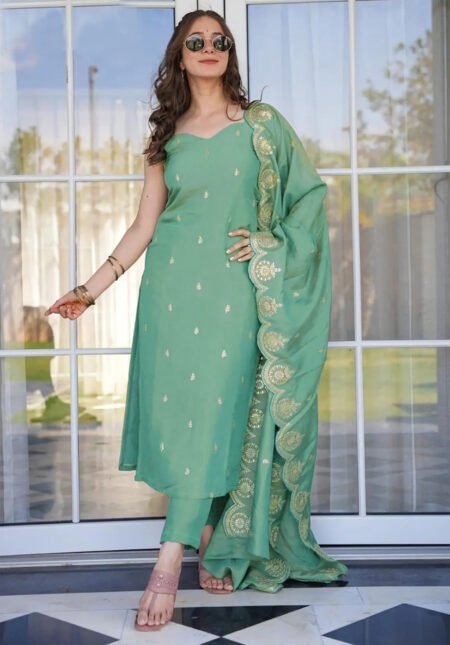 Malishka Export Women's Pista Art Silk Embroidered Straight Kurta Pant With Dupatta