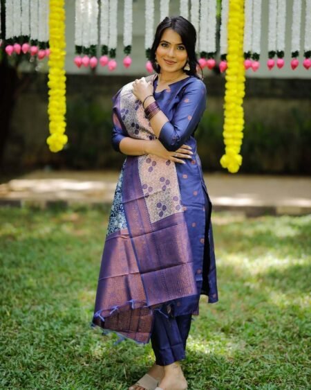 Malishka Export Women's Blue Jacquard Silk Woven Straight Kurta Pant With Dupatta