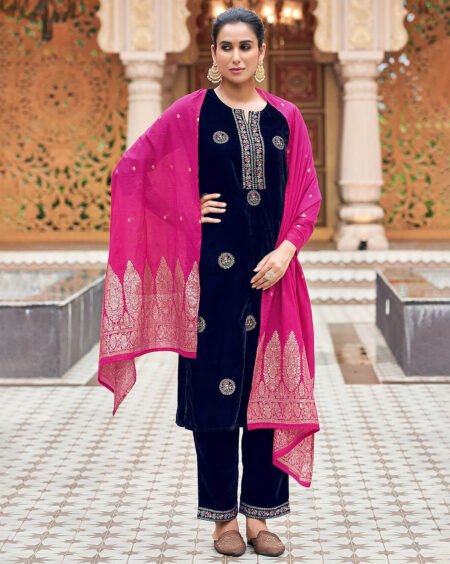 Malishka Export Women's Navy Blue Velvet Embroidered Straight Kurta Pant With Dupatta