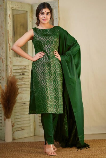 Malishka Export Women's Green Art Silk Woven Straight Kurta Pant With Dupatta