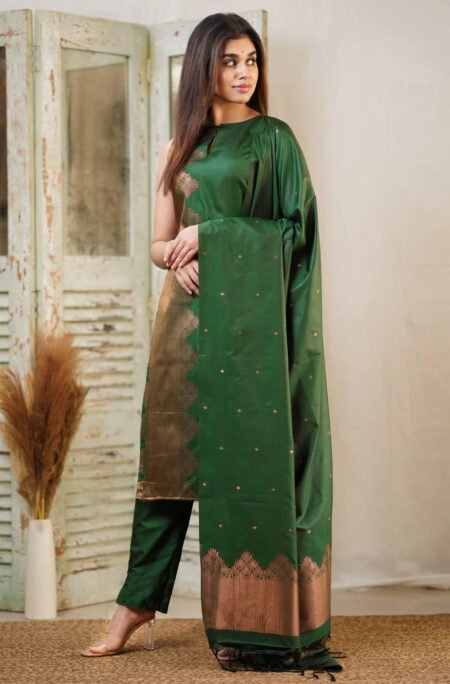 Malishka Export Women's Green Art Silk Solid Straight Kurta Pant With Dupatta
