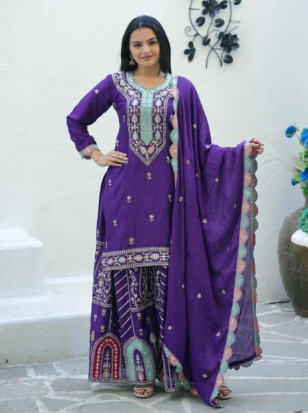 Avantini Women's Purple Chinon Embroidered Straight Kurta Sharara With Dupatta