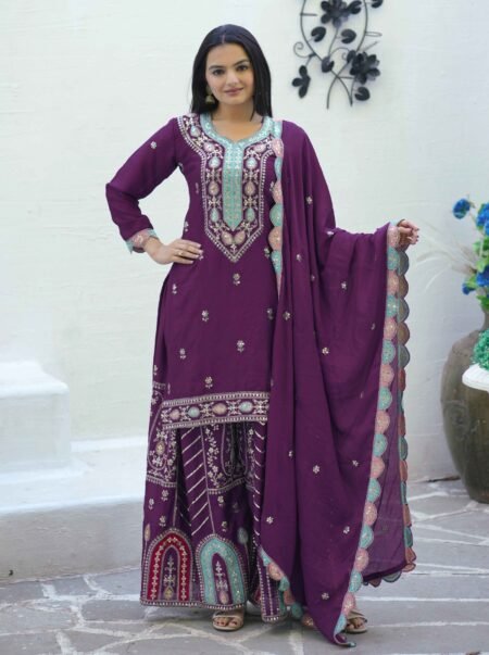 Avantini Women's Purple Chinon Sequence Straight Kurta Sharara With Dupatta