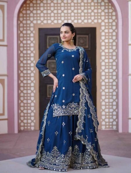 Avantini Women's Wine Chinon Sequence Straight Kurta Sharara With Dupatta