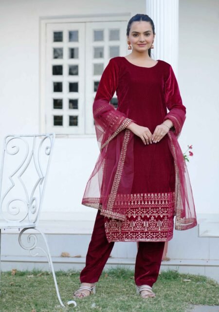 Avantini Women's Navy Blue Velvet Embroidered Straight Kurta Pant With Dupatta