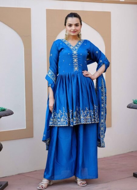 Avantini Women's Pink Chinon Sequence Straight Kurta Pant With Dupatta