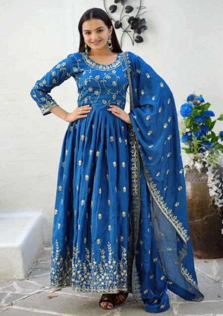 Avantini Women's Blue Chinon Sequence Straight Kurta Sharara With Dupatta