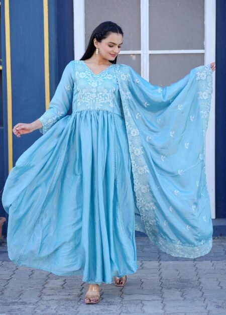 Avantini Women's Blue Chinon Sequence Anarkali Kurta Pant With Dupatta