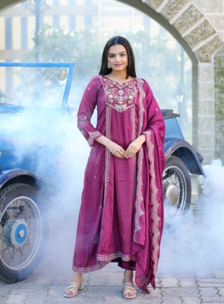 Avantini Women's Sky Blue Chinon Embroidered Anarkali Kurta Pant With Dupatta