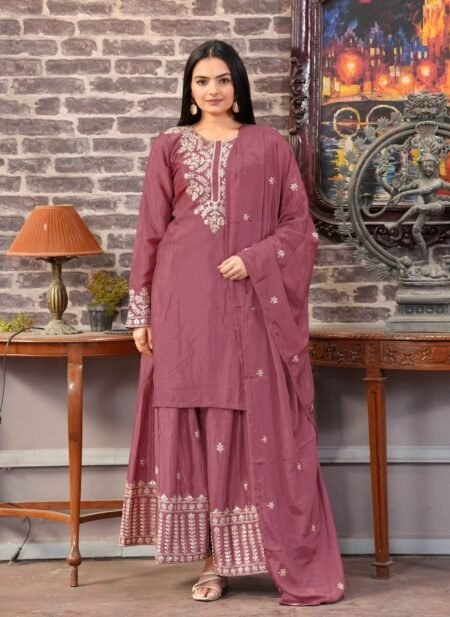 Avantini Women's Pink Chinon Embroidered Anarkali Kurta Pant With Dupatta