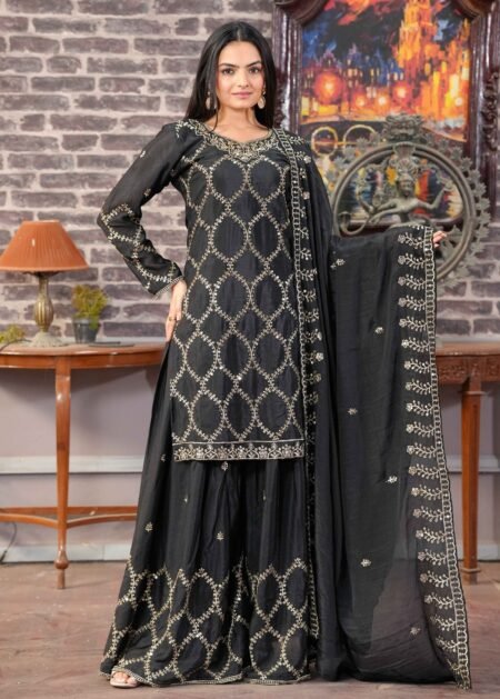 Avantini Women's Orange Chinon Embroidered Straight Kurta Sharara With Dupatta