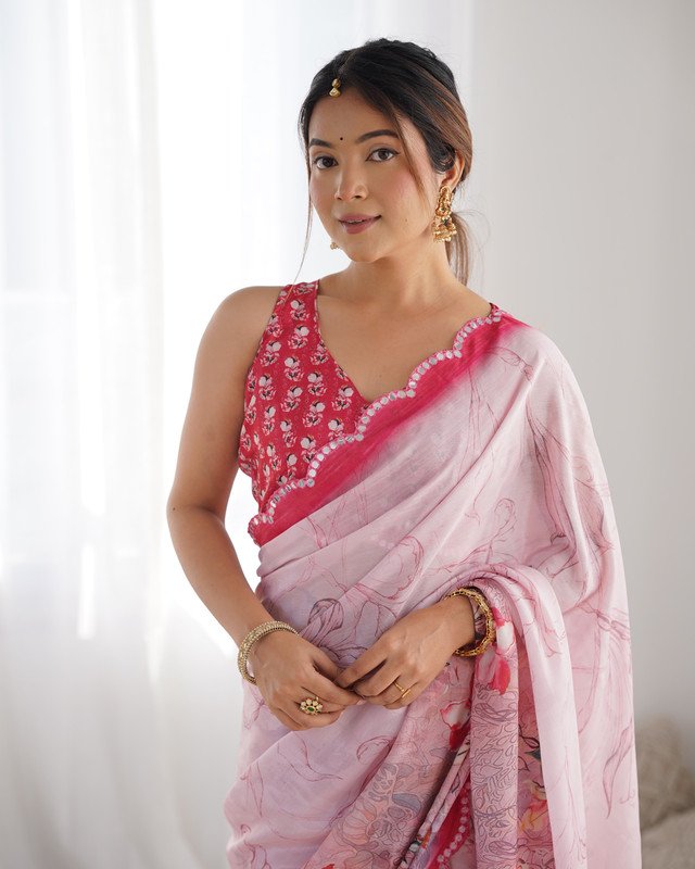 Malishka Export Mirror Lace Chinnon Baby Pink Saree With Unstiched Blouse Piece