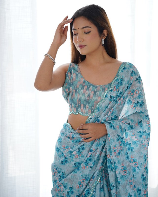 Malishka Export Mirror Lace Chinnon Sky Blue Saree With Unstiched Blouse Piece