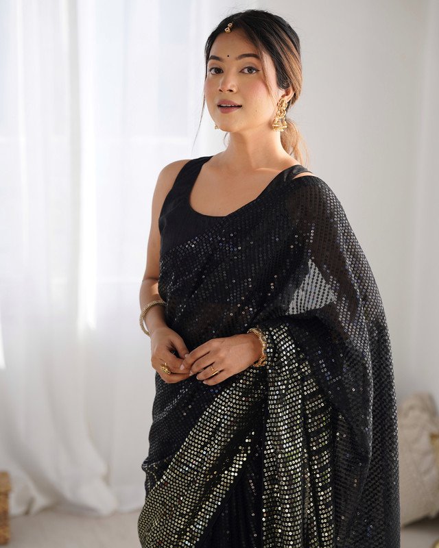 Malishka Export Sequance Georgette Black Saree With Unstiched Blouse Piece