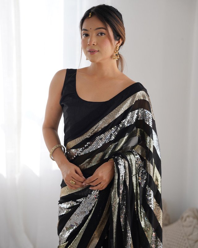 Malishka Export Sequance Georgette Black Saree With Unstiched Blouse Piece