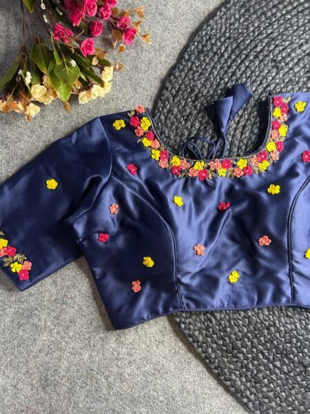 Malishka Export Women's Navy Blue Pure Silk Hand Work Readymade Blouse