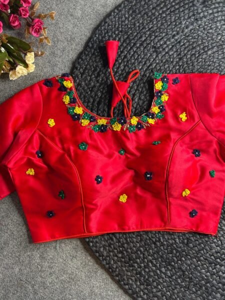Malishka Export Women's Red Pure Silk Hand Work Readymade Blouse