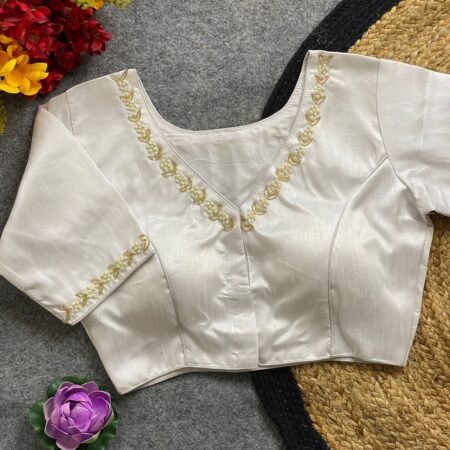 Malishka Export Women's White Pure Silk Hand Work Readymade Blouse