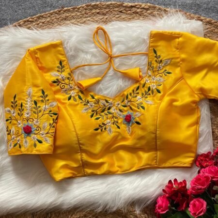 Malishka Export Women's Yellow Banglori Silk Embroidery Readymade Blouse