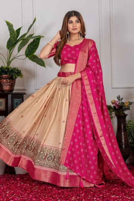 Malishka Export Womens Pink Dola Silk With Foil Print Lehenga Choli Set