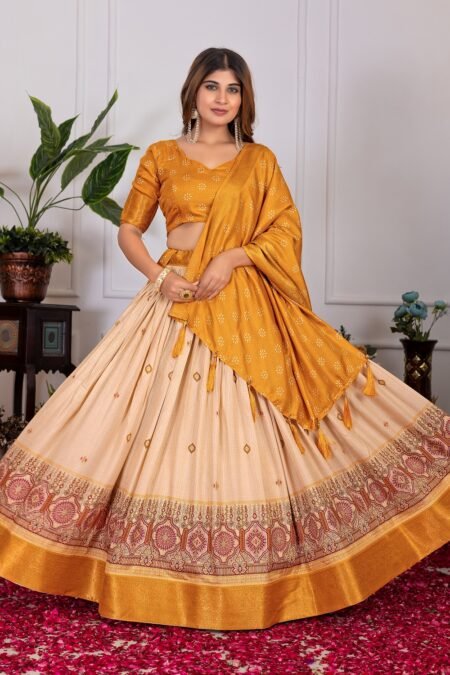 Malishka Export Womens Yellow Dola Silk With Foil Print Lehenga Choli Set