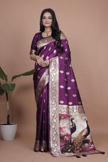 Avantini Royal Purple Banarasi Silk Saree with Peacock Pallu Design With Unstitched Blouse Piece