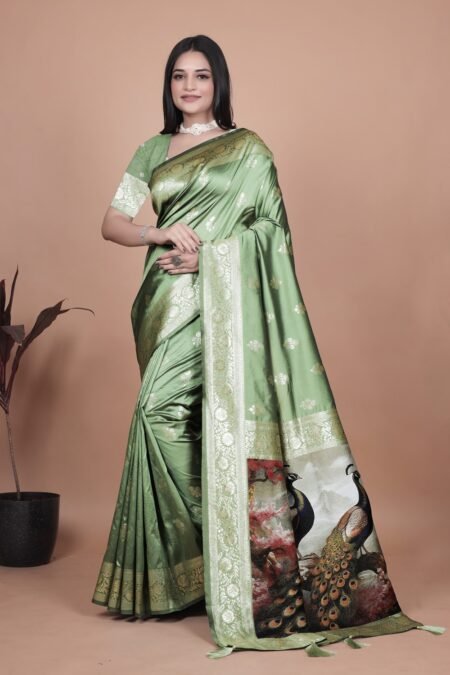 Avantini Elegant Sage Green Banarasi Silk Saree with Majestic Peacock Pallu With Unstitched Blouse Piece