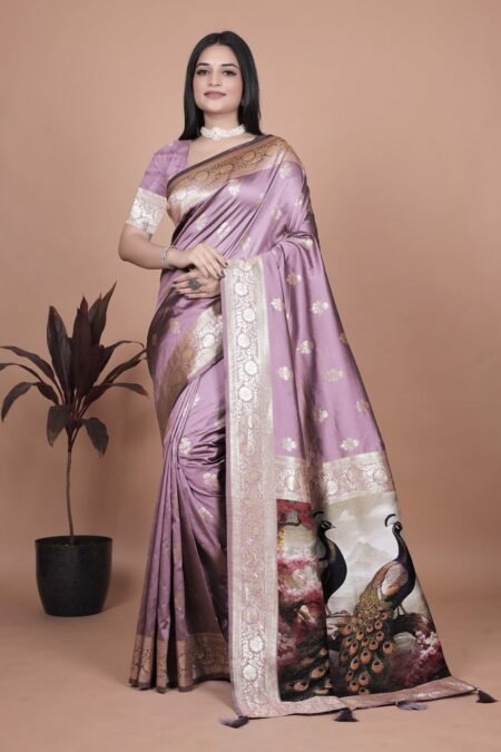 Avantini Lavender Banarasi Silk Saree with Majestic Peacock Motif Pallu With Unstitched Blouse Piece