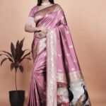 Avantini Rosewood Pink Banarasi Silk Saree with Artistic Peacock Pallu With Unstitched Blouse Piece