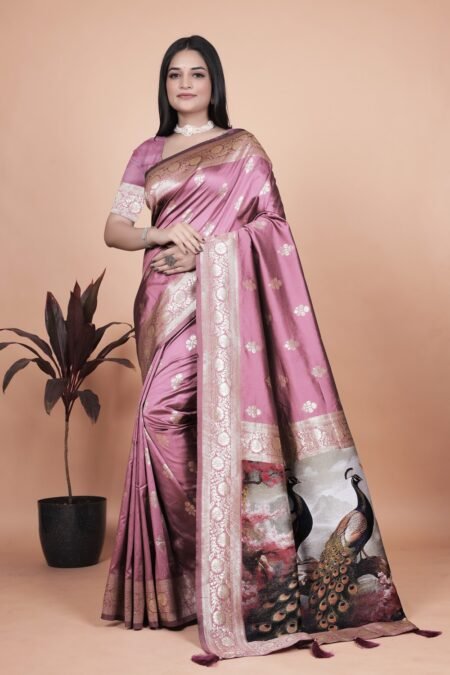 Avantini Rosewood Pink Banarasi Silk Saree with Artistic Peacock Pallu With Unstitched Blouse Piece