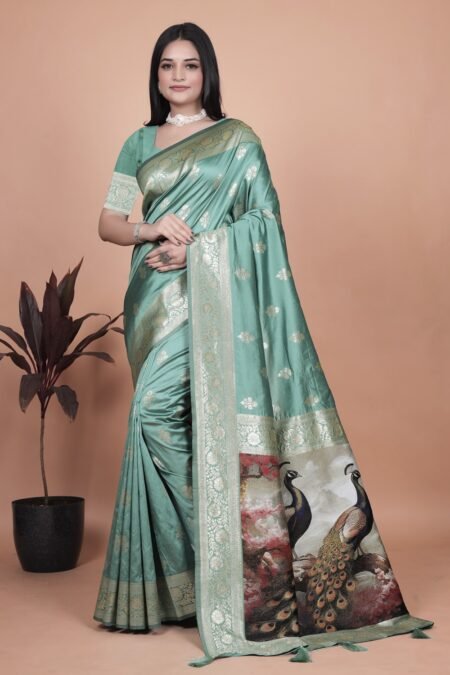 Avantini Elegant Peacock Motif Banarasi Silk Saree With Unstitched Blouse Piece