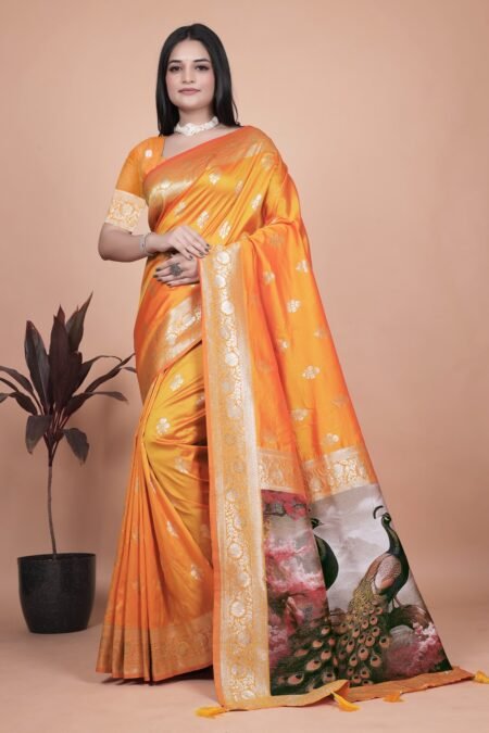 Avantini Radiant Orange Banarasi Silk Saree with Peacock Pallu With Unstitched Blouse Piece