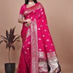 Avantini Majestic Magenta Banarasi Silk Saree with Peacock Pallu With Unstitched Blouse Piece