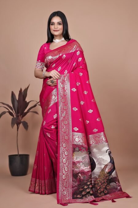 Avantini Majestic Magenta Banarasi Silk Saree with Peacock Pallu With Unstitched Blouse Piece