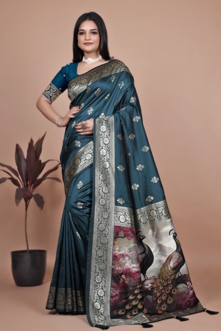 Avantini Teal Banarasi Silk Saree with Majestic Peacock Pallu With Unstitched Blouse Piece