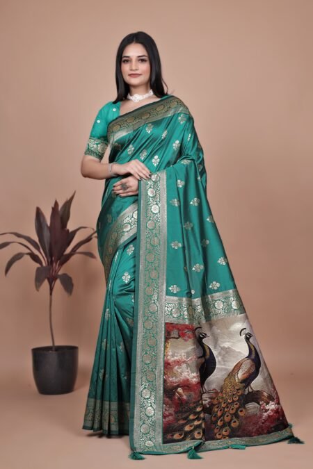 Avantini Emerald Green Banarasi Silk Saree with Artistic Peacock Pallu With Unstitched Blouse Piece