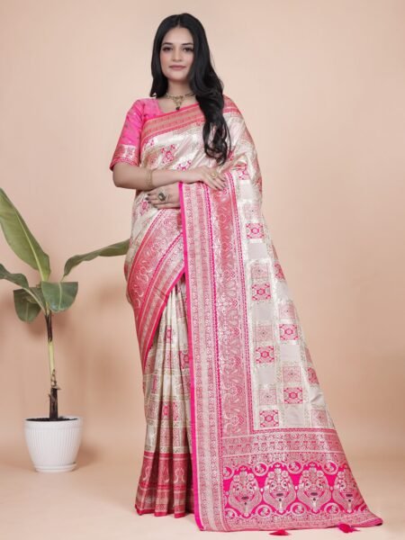 Avantini Cream and Pink Banarasi Silk Saree with Rich Silver Zari Weaving With Unstitched Blouse Piece